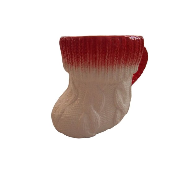 Anthropologie Christmas Cable Knit  Ceramic Stocking Boot Mug Red White EUC - Picture 4 of 14